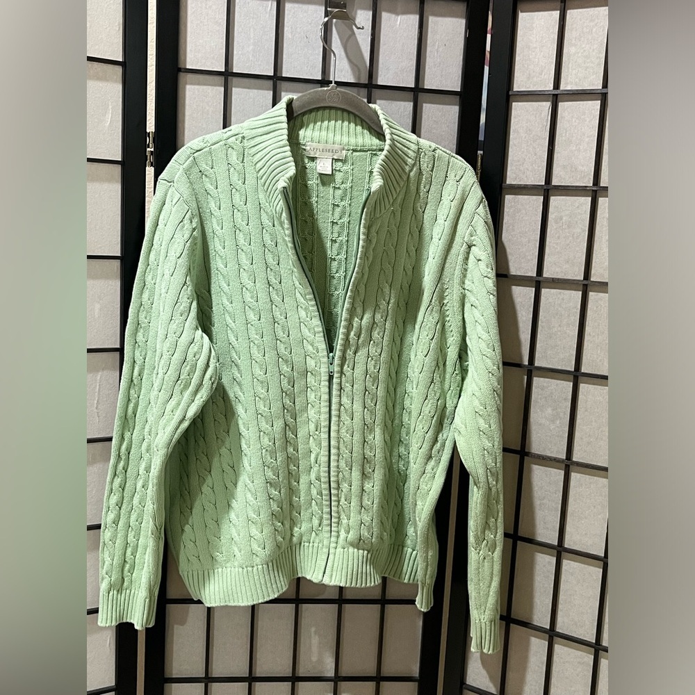 APPLESEED Light Mint Cable Knit FULL Zip Cardigan COASTAL GRANDMA, SIZE L